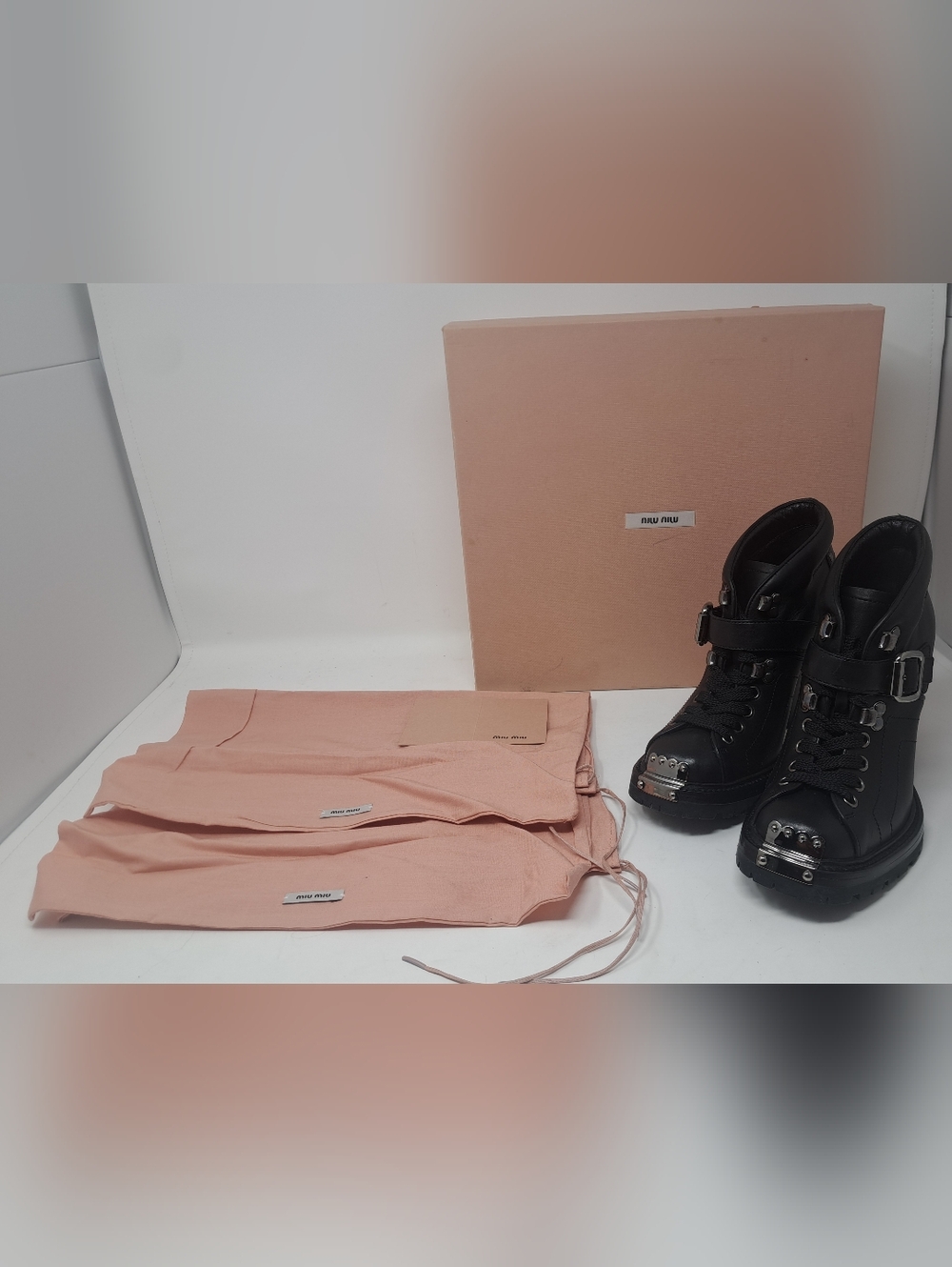 Miu Miu Ankle Combat Boots Moto Black Leather Steel Buckle Block Heels 35.5 IT - Picture 3 of 16